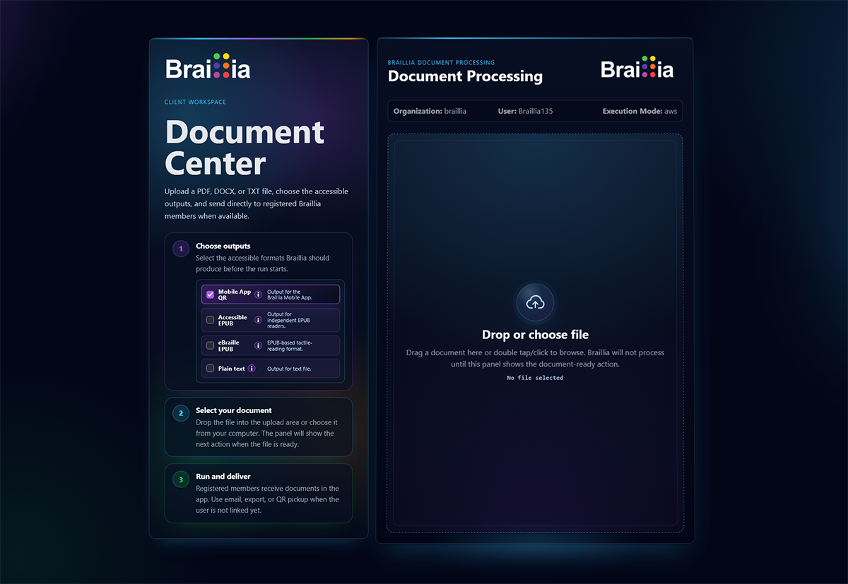 Braillia Document Center showing output selection and document processing intake.