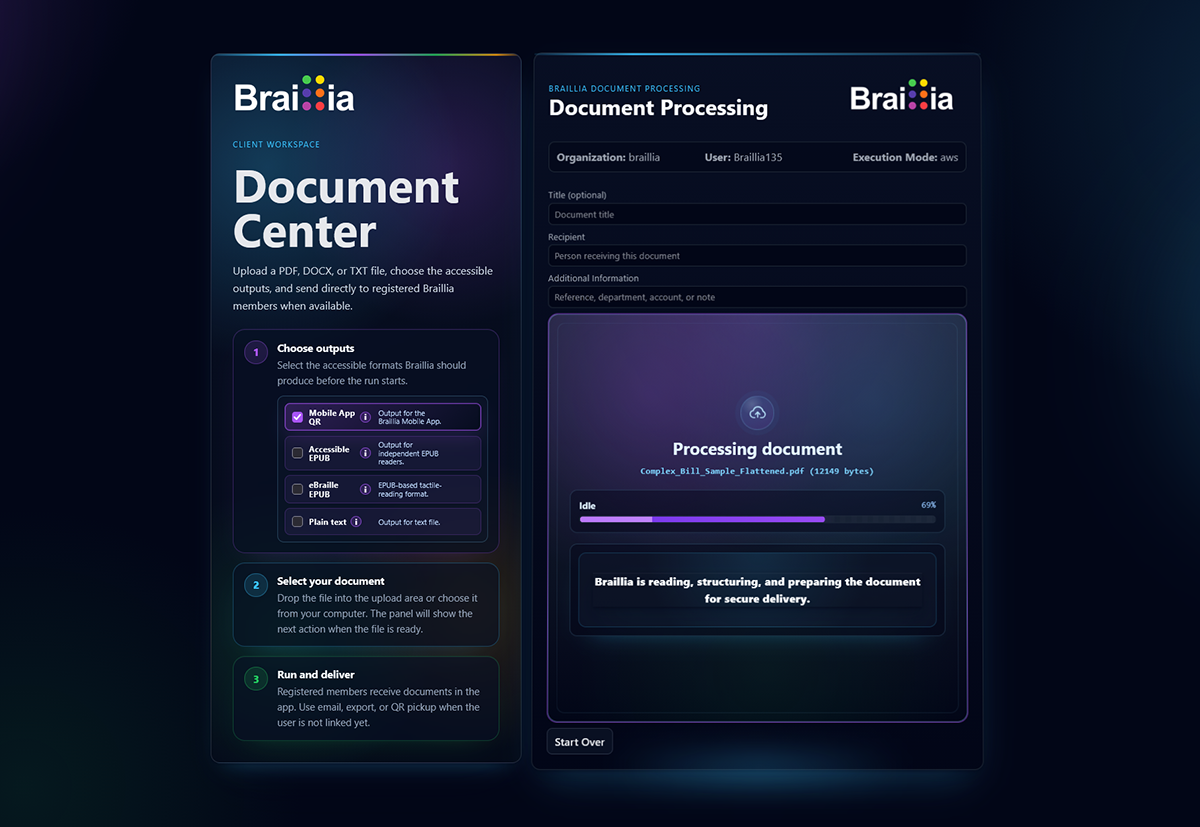 Braillia Document Center showing a document processing state and progress indicator.