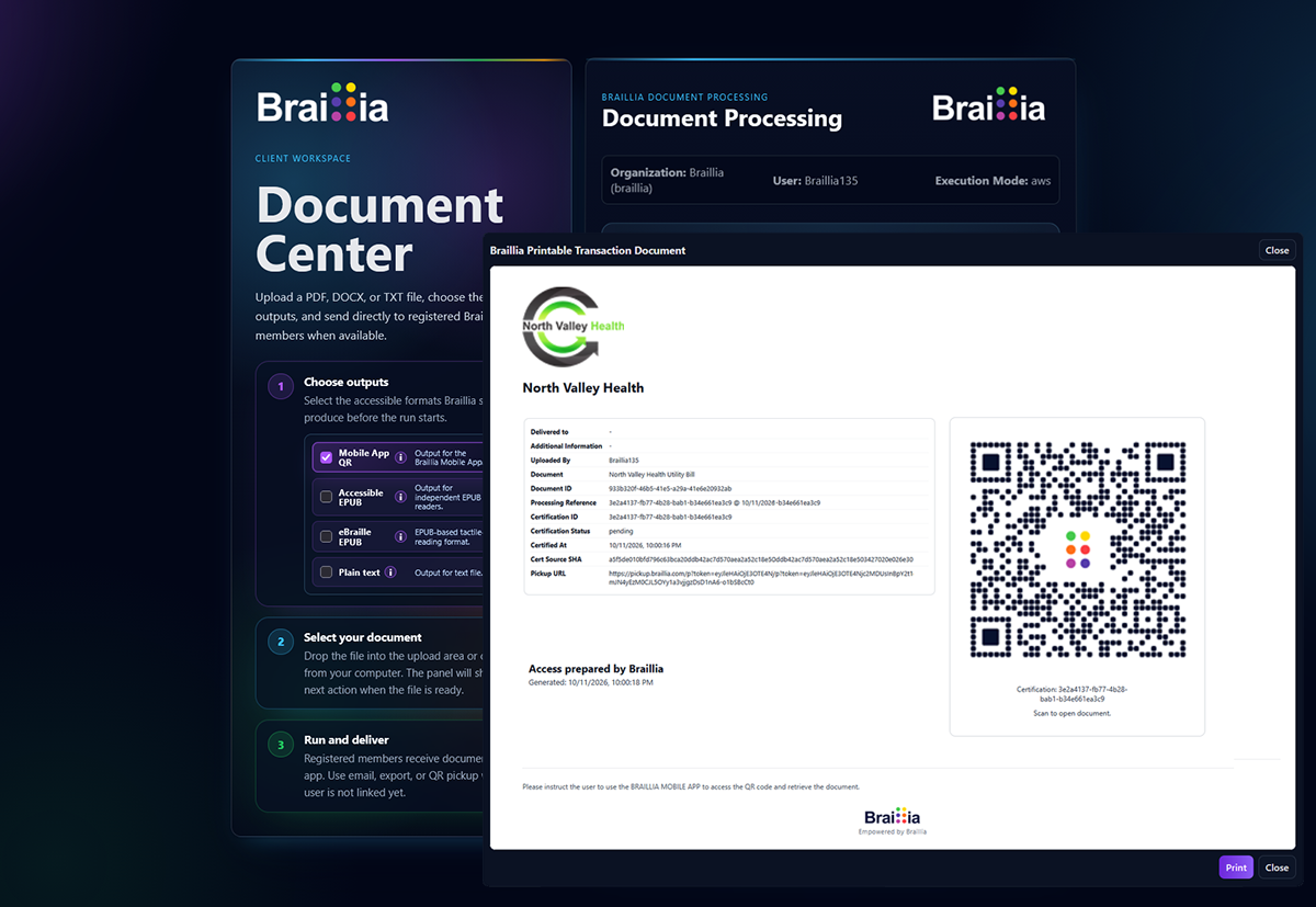 Braillia Document Center with the printable transaction view open, showing document reference information, a document-specific QR code, and a Print button.