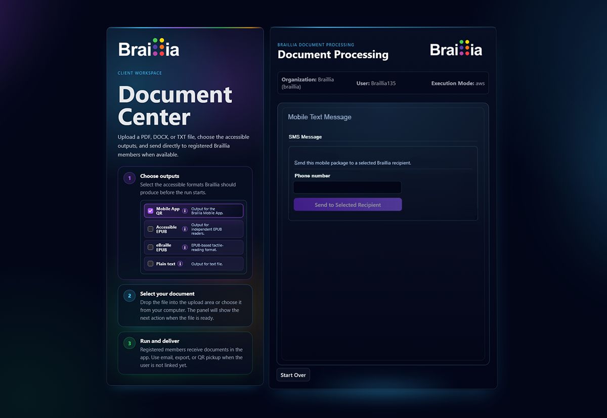 Braillia Document Center Mobile Text Message view with a phone-number field and a send button.