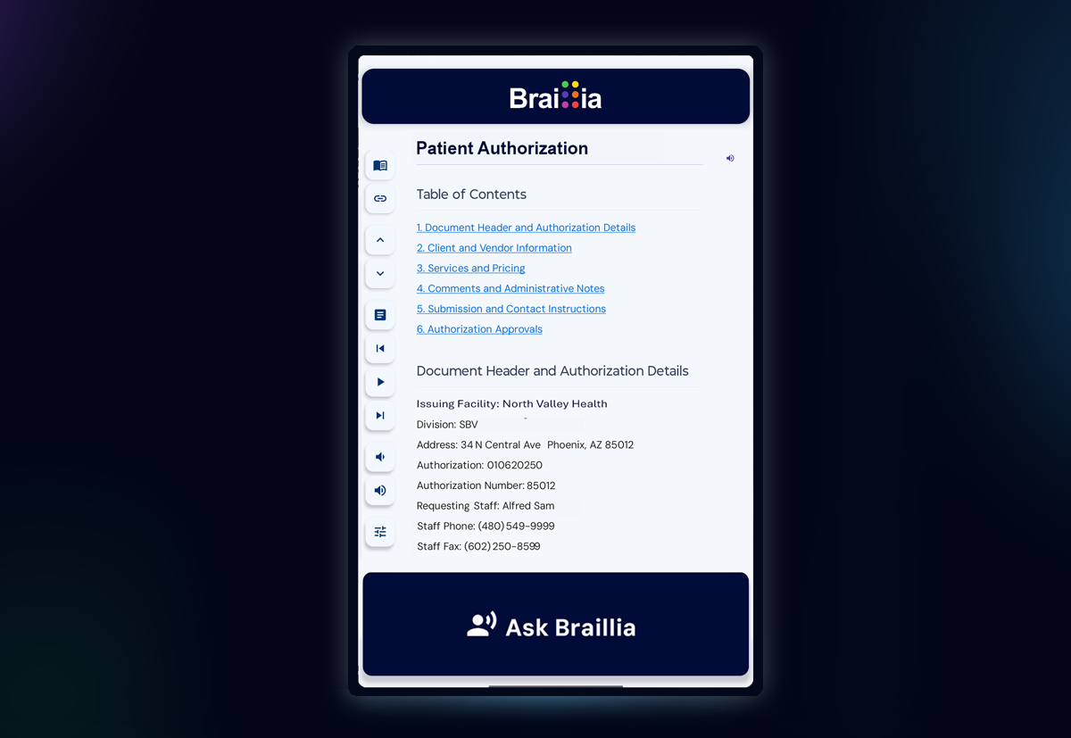 Braillia Portal displaying a Patient Authorization document with a table of contents, document navigation and audio controls, and an Ask Braillia button.