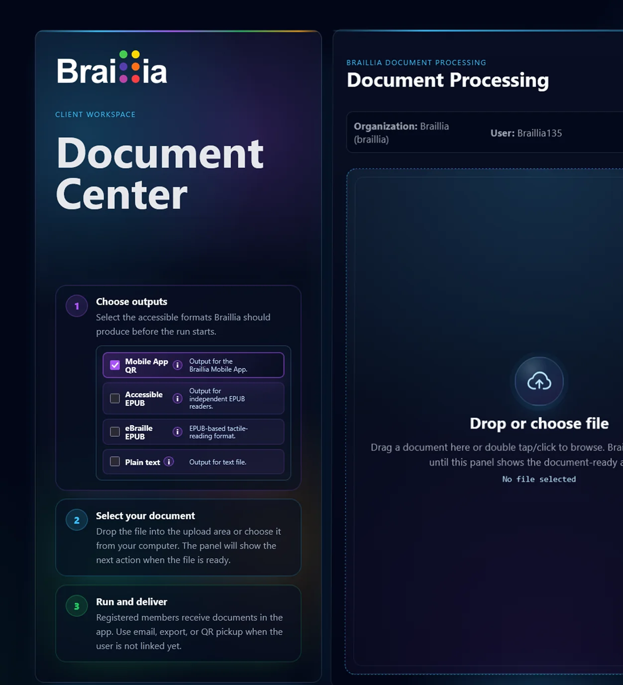 Braillia Document Center showing output selection and document processing intake.
