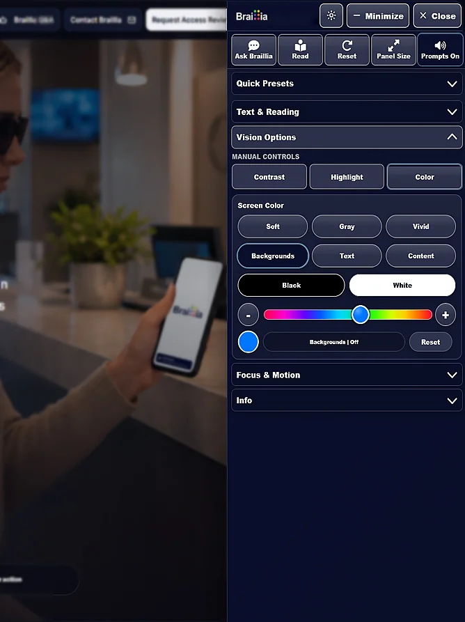 Braillia accessibility web app panel open on a website with reading, vision, contrast, and Ask Braillia controls.