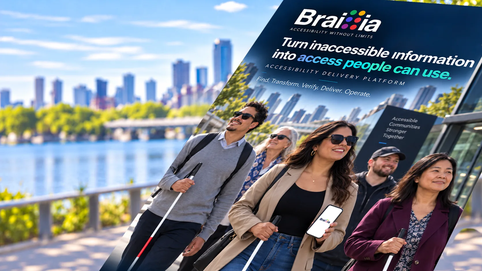 Braillia accessibility brochure beside a group of blind and low-vision people using white canes and a phone.