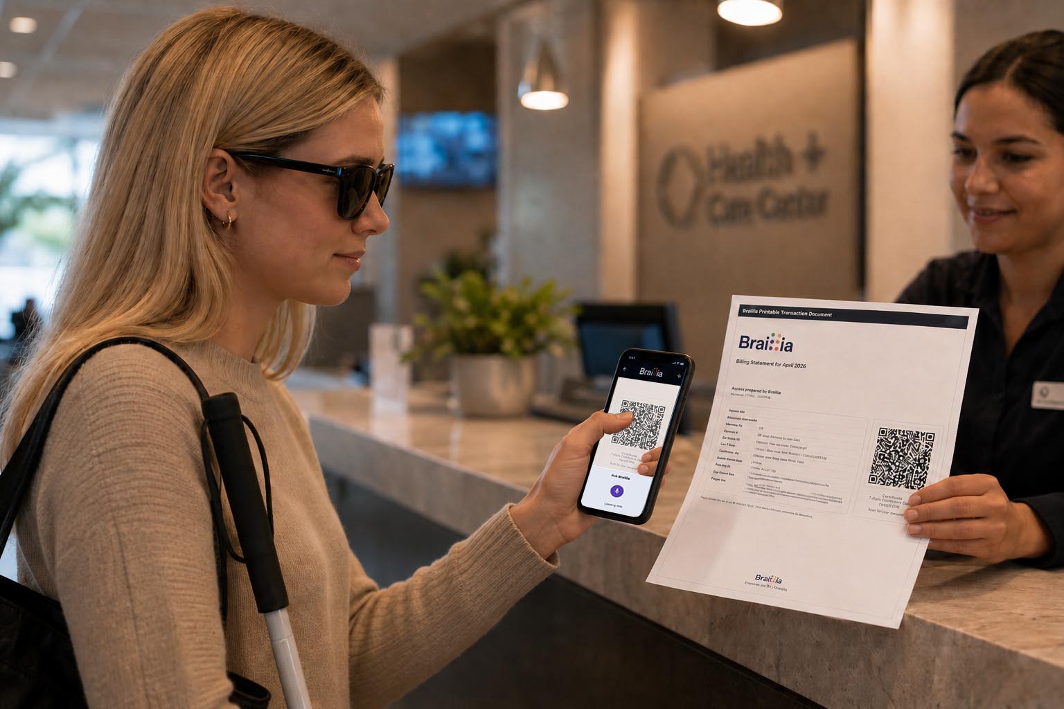 Healthcare billing document pickup scene showing a Braillia QR code that lets blind and low-vision users retrieve accessible information in the mobile app.